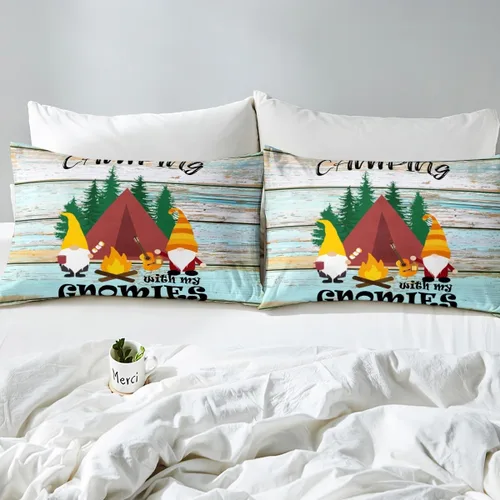 Miniatura 5 de Sábanas de campamento para niños, tamaño individual, sábanas de gnomos kawaii para niños y niñas, juego de ropa de cama vintage de madera de granja