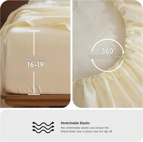 Miniatura 6 de MooMee – Juego de sábanas 100% algodón lavado con textura parecida al lino transpirable duradero suave cómodo (blanco crema sólido, Queen)