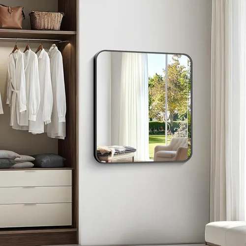 Miniatura 7 de Espejo de baño de 40 x 36 pulgadas, espejo rectangular de pared negro con marco de metal, espejo de tocador rectangular con esquinas redondeadas
