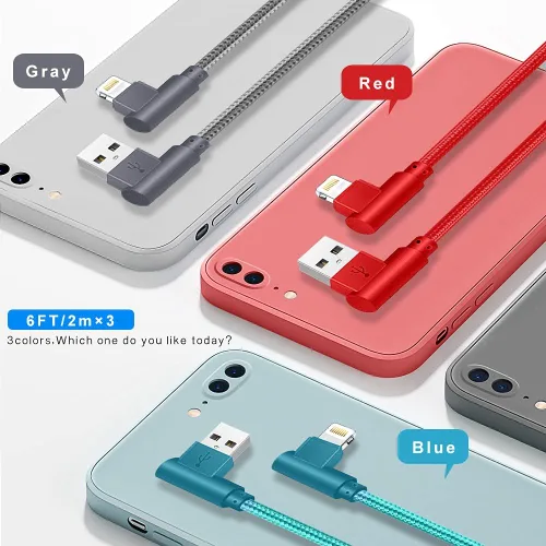 Miniatura 5 de SHUSEL Cable de carga para iPhone, cable Lightning de ángulo recto, paquete de 3 cables de carga trenzados de nailon de 90 grados y 6 pies, de carga