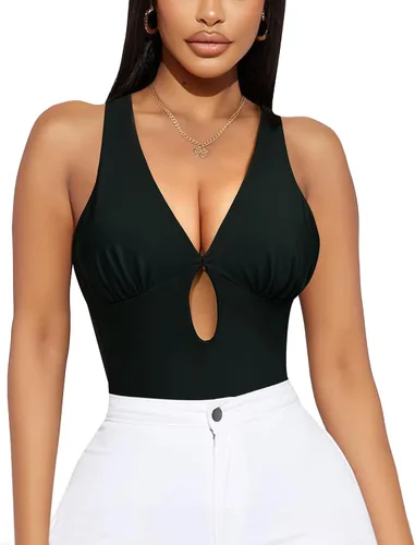 CtriLady Leotardo sin mangas para mujer, espalda descubierta, cuello cuadrado, doble línea, ajustado, overol con tanga, ropa de club