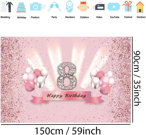 Miniatura 2 de Decoraciones de feliz cumpleaños número 8 para niñas, pancarta de fondo, decoración de fiesta, cartel de tela, fondo de foto rosa para suministros