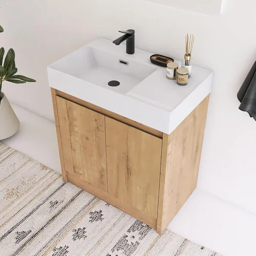 Miniatura 14 de Tocador de baño pequeño de 16 pulgadas con lavabo, tocador de baño independiente de 16" para espacios pequeños, gabinete de madera contrachapada