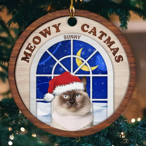 Miniatura 2 de Meowy Catmas - Divertido sombrero de Papá Noel con foto de gato, adorno de Navidad personalizado, regalos para gato, mamá, papá, lindo árbol