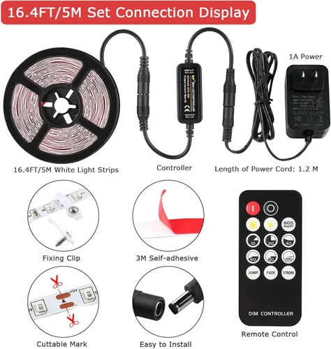 Miniatura 3 de Tira de luces LED blancas, tira de luz regulable mejorada de 16.4 pies con control remoto de luz blanca brillante de 6500 K, 300 luces LED flexibles