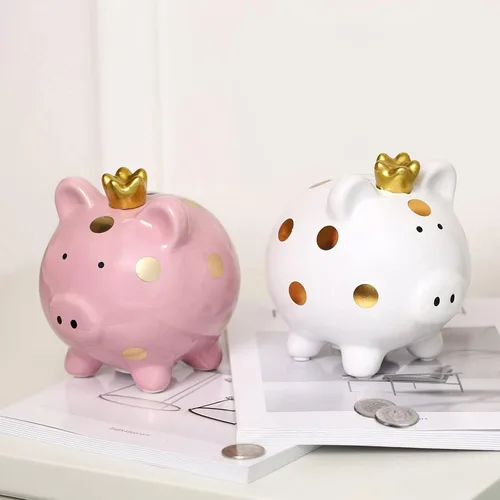 Miniatura 7 de Hucha de cerámica de dibujos animados, corona de cerdo, moneda, caja de dinero, caja de ahorro de monedas para adultos, niños y niñas (rosa)
