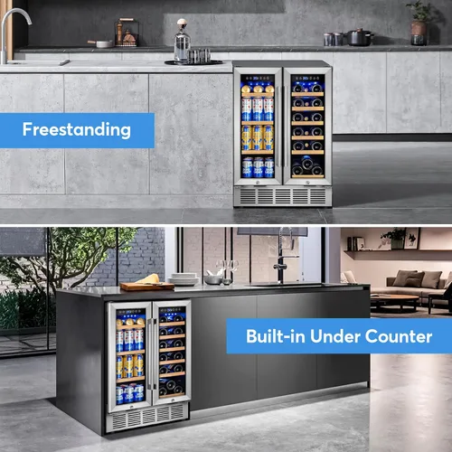 Miniatura 7 de FoMup - Refrigerador de vino y bebidas con puerta de vidrio, refrigerador de vino de 24 pulgadas, doble zona debajo del mostrador - 18 botellas y 88
