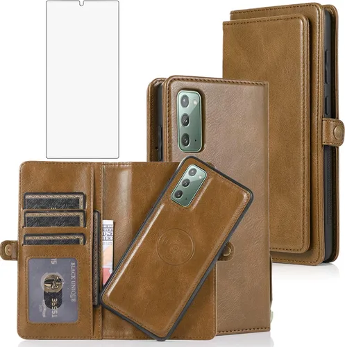 Asuwish Funda de teléfono para Samsung Galaxy Note 20 Glaxay Note20 5G Wallet Funda desmontable con protector de pantalla de vidrio templado y