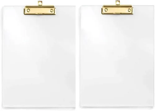 UNIQOOO Paquete de 2 portapapeles de acrílico transparente grueso con clip de acabado dorado brillante, perfecto para amantes de las artes modernas
