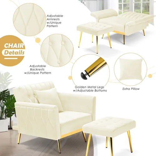 Miniatura 6 de Silla decorativa de terciopelo con respaldo y reposabrazos ajustables, sillón reclinable individual con otomana y patas mentales doradas para sala