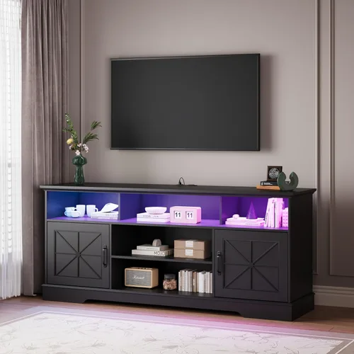 Miniatura 8 de Wodeer Soporte de TV negro para televisores de hasta 65 pulgadas, centro de entretenimiento de granja de 59 pulgadas con gabinete de almacenamiento