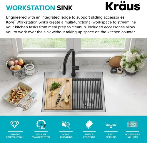 Miniatura 3 de KRAUS KWT311-25 Kore - Fregadero de cocina con estación de trabajo de 25 pulgadas, empotrado, acero inoxidable de calibre 16, con reborde integrado