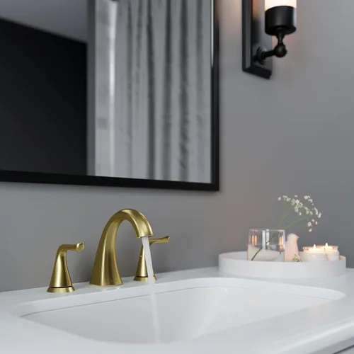 Miniatura 9 de Grifo Pfister Willa para lavabo de baño, 8 pulgadas de separación amplia, 2 manijas, 3 orificios, certificado NSF, acabado dorado cepillado, Oro