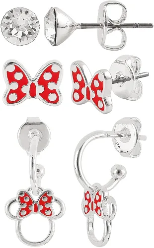 Miniatura 5 de Disney Minnie and Mickey Mouse Silver Plated Crystal Stud Earring Set 3 Pairs - Officially Licensed