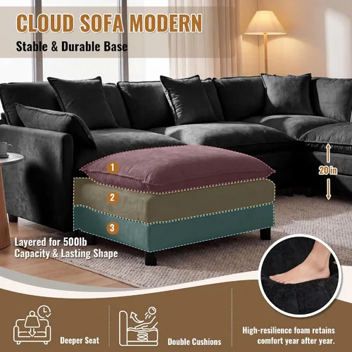 Miniatura 4 de Juego de sofá modular de 107 pulgadas con otomana, sofá convertible en forma de L, sofá de asiento profundo de felpilla de 3 plazas con almohadas