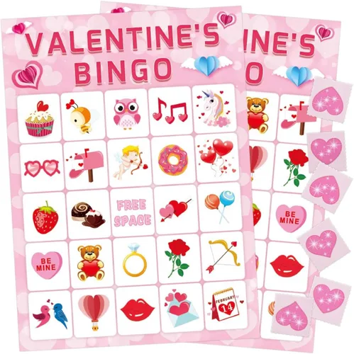 Fancy Land Juego de bingo del día de San Valentín para niños 24 jugadores Juego de fiesta de San Valentín