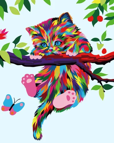 Elftoyer Pintura por números para niños y principiantes, kits de regalo de pintura en lienzo de bricolaje, gatos coloridos y mariposas de 16 x 20