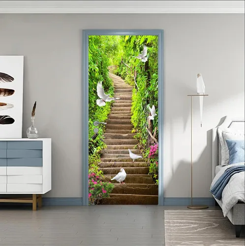 Miniatura 16 de artfanke Adhesivos 3D para puerta, 30.3 x 78.7 pulgadas, papel tapiz de piedra para puerta de escalera de piedra, calcomanías autoadhesivas