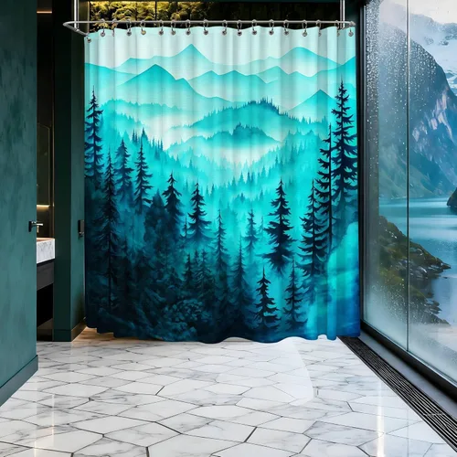 Miniatura 31 de Cortina de ducha azul marino de bosque Cortina de ducha azul oscuro de montaña y naturaleza para decoración de baño de hombres, tela impermeable