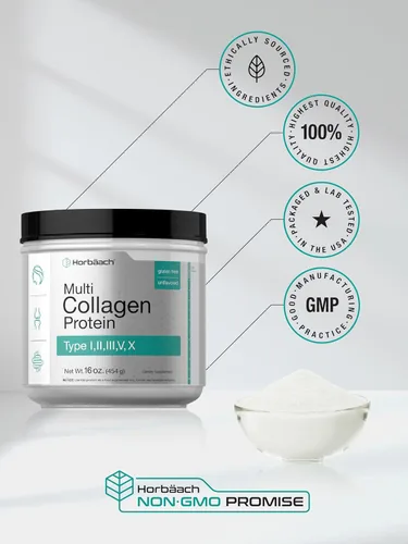 Miniatura 6 de Horbäach Proteína en polvo multicolágeno de 16 onzas Tipo I, II, III, V, X Sin sabor para hombres y mujeres Suplemento sin OMG, sin gluten