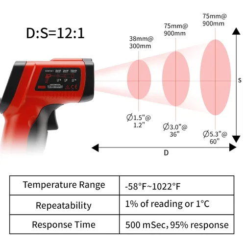 Miniatura 3 de MEASUREMAN Termómetro infrarrojo (no para humanos), pistola de temperatura de tamaño estándar, termómetro láser digital sin contacto -58°F a 1022°F