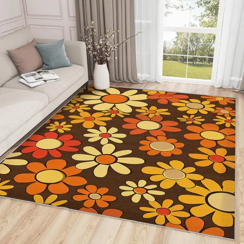 Alfombra retro Groovy Flower para niños, alfombra de 2 x 3, alfombra de área de flores retro, hippie de los años 70, lavable, antideslizante,