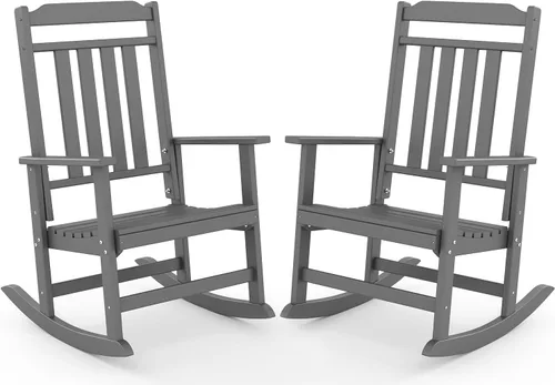 Miniatura 22 de GREENVINES Juego de 2 sillas mecedoras para exteriores Plástico HDPE Mecedoras de patio Silla mecedora de porche De gran tamaño Respaldo