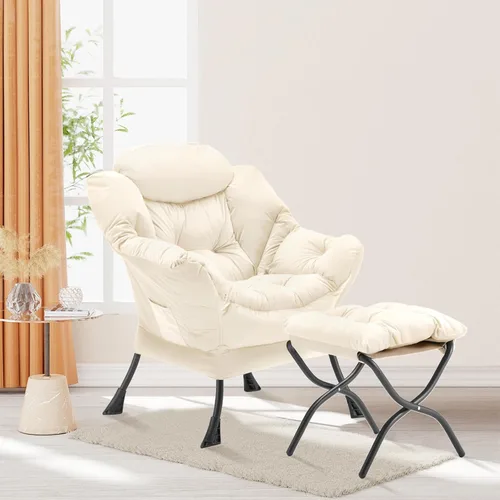 Miniatura 2 de Youtanic Silla Lazy con otomana plegable, silla decorativa de terciopelo tapizada con estructura de metal y almohadillas antideslizantes, sillón
