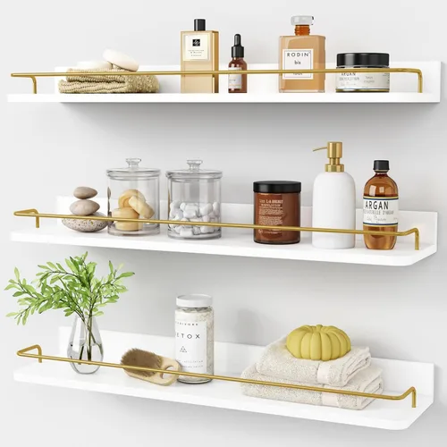 Miniatura 11 de Forbena Juego de 3 estantes flotantes dorados para decoración de pared, estantes de baño sobre el inodoro, estante de pared moderno con riel Blanco