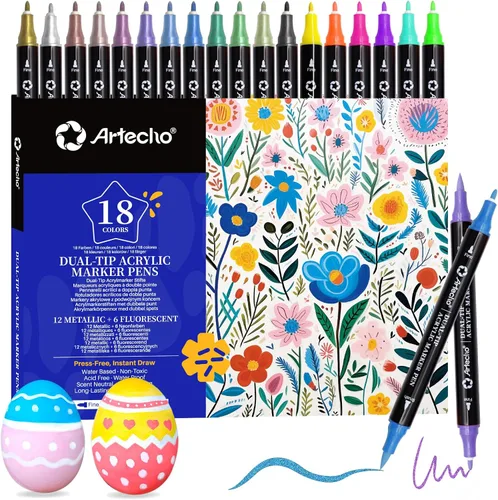 Miniatura 12 de Artecho Bolígrafos de pintura con purpurina, 12 colores acrílicos con purpurina con punta extra fina de 0.028 in para pintura de rocas, piedra