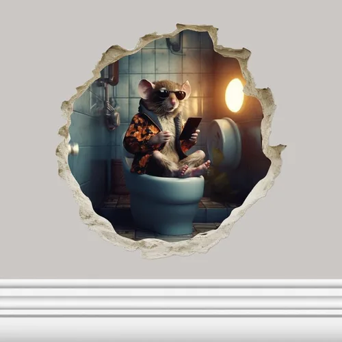 Miniatura 17 de Mouse de fútbol en el inodoro en el agujero del ratón, calcomanía de pared 3D, decoración del hogar de dibujos animados, arte de vinilo, estantería