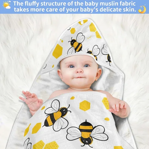 Miniatura 5 de Honey Bees - Toalla de baño para niños y niñas, color amarillo, abejorro, colmena, con capucha, toallas para recién nacidos, de algodón orgánico