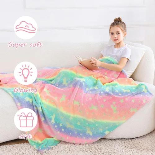 Miniatura 6 de Softan Manta Decorativa de Unicornios para Niños que Brilla en la Oscuridad, Regalos de Manta para Niños y Niñas, Manta de Franela Suave y Acogedora