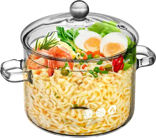 Miniatura 4 de GANAZONO Olla de cocina de vidrio con tapa, resistente al calor, olla de sopa de borosilicato de dos orejas, cuenco de fideos instantáneos de 8.26 x