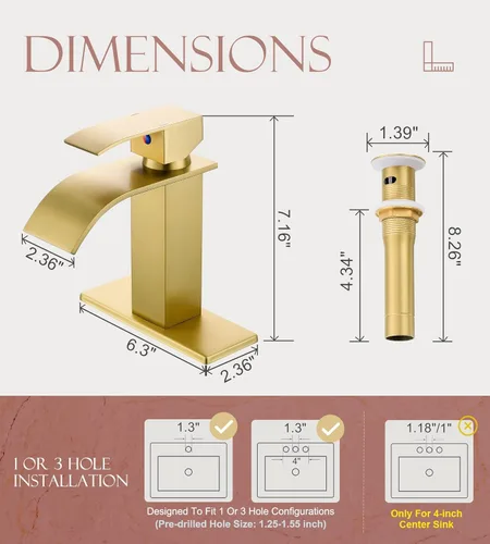 Miniatura 4 de Grifos de baño dorados, modernos de un solo agujero, boquilla de cascada de oro cepillado con ensamblaje de drenaje y manguera, acero inoxidable 304