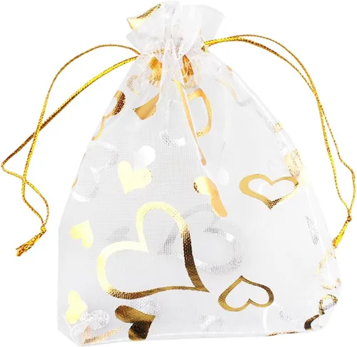 QIANHAILIZZ 100 unidades de 3.5 x 4.7 pulgadas, bolsa de regalo de organza con corazón de flores, bolsa de regalo, bolsa para dulces, con cordón,