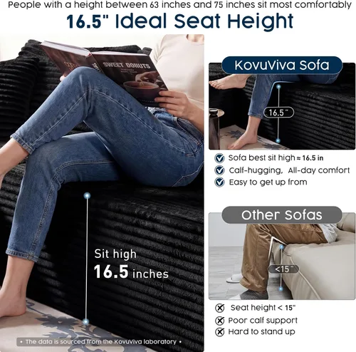 Miniatura 5 de Sofá modular negro de 108 pulgadas con otomana, sofá en forma de U en forma de nube para sala de estar, no necesita montaje, tela de pana de felpa