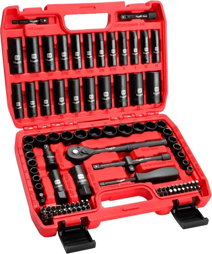 LLNEDL Juego de llaves de vaso de impacto de 3/8", 95 piezas, llave para bujías (5/8", 13/16"), 6 puntos métrico y SAE de 5/16"- 3/4", 8-22mm, kit