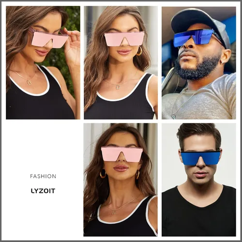 Miniatura 5 de LYZOIT Lentes de sol cuadrados de gran tamaño para mujeres y hombres, parte superior plana grande, protección UV, sombras sin montura