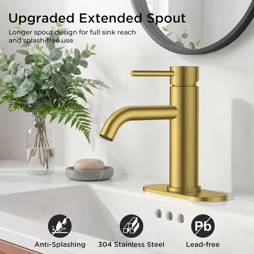 Miniatura 2 de FORIOUS - Grifo de baño dorado de 1 agujero, grifo de lavabo de acero inoxidable con desagüe emergente de metal y manguera de suministro, adecuado
