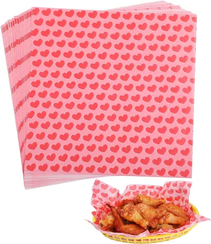 GeeRic Hojas de papel encerado para delicatessen, 100 unidades, forro de cesta de comida para el día de San Valentín para sándwiches y papas fritas,