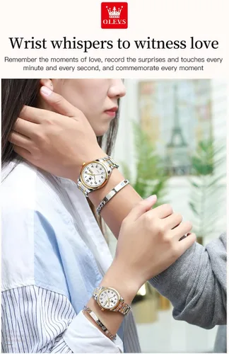 Miniatura 46 de OLEVS Juego de 2 relojes de cuarzo para parejas de San Valentín, calendario luminoso, ventana de fecha, 3 ATM, impermeable, casual, acero