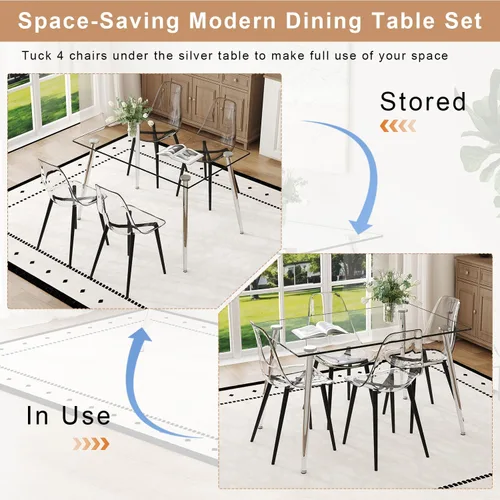 Miniatura 3 de Juego de mesa de comedor de vidrio Ebullient para 4, mesa de 51" de vidrio templado transparente con patas de metal negro y 4 sillas de acrílico