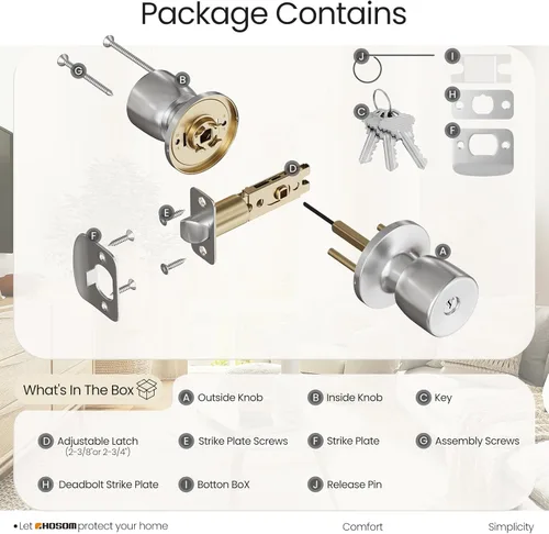 Miniatura 8 de HOSOM Pomo de puerta con cerradura y llave, perilla de entrada con llave, cerradura exterior e interior para puerta delantera, área comercial