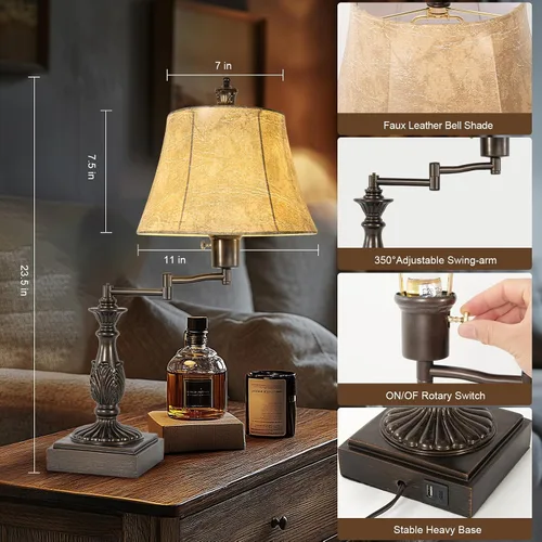 Miniatura 2 de Scenekoy - Juego de 2 lámparas de mesa tradicionales rústicas de 23.5" con brazo oscilante ajustable de 350°, con puertos USB A+C, acabado marrón