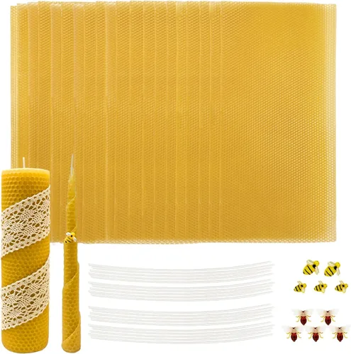 Lacaser Hojas de Cera de Abeja para Kit de Fabricación de Velas, 20 Piezas de 8"x16" Hojas de Cera de Abeja Pura Equivalen a 40 Piezas de 8"x8"