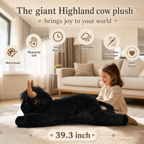 Miniatura 2 de Peluche de vaca gigante de las tierras altas de 39 pulgadas, juguete de peluche de ganado grande para niños y adultos, almohada de peluche esponjosa