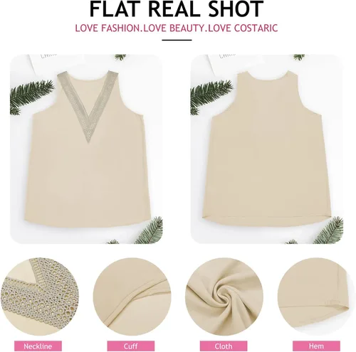 Miniatura 4 de Camiseta sin mangas con encaje de guipur con cuello en V profundo para mujer, blusa sin mangas