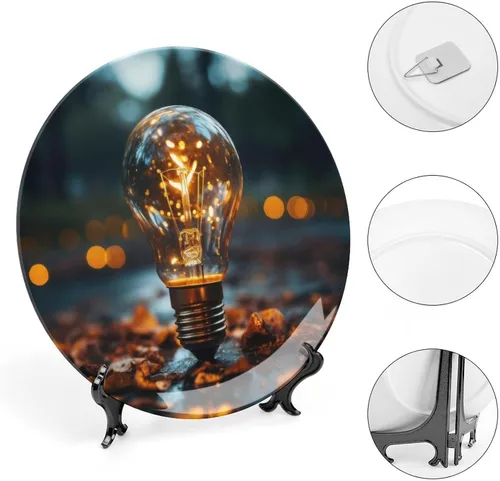 Miniatura 4 de Placa decorativa para montaje en pared, bombilla abstracta, placa redonda de cerámica con soporte, placas para el hogar, platos de postre