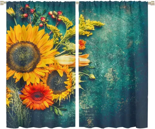 Miniatura 67 de Cortinas opacas con diseño de girasoles para ventana, puesta de sol sobre girasol, para dormitorio, sala de estar, cocina, decoración del hogar, 42